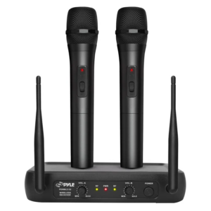 Pyle® VHF Dual-Channel Fixed-Frequency Wireless Microphone System with 2 Handheld Microphones, Adjustable Volume